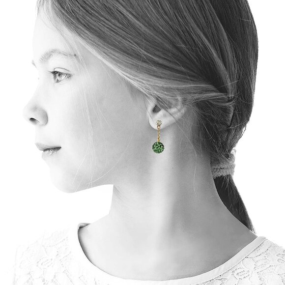 Molly Glitz 14k Gold Plated Lime White Crystal Ball Dangle Earrings - Picture 2 of 7